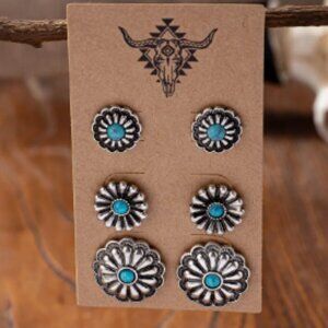 Three Pair Stud Earring Set - Western Style Silver Plated &Turquoise Howlite NEW